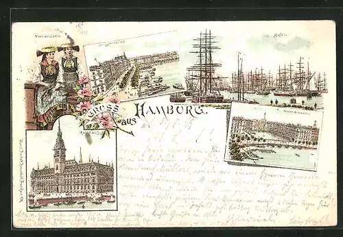 Lithographie Hamburg, Jungfernstieg, Alster-Arkaden, Vierländerinnen in Tracht