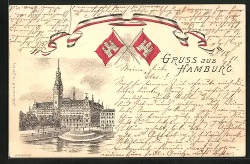 Lithographie Hamburg, Darstellung vom Rathaus, Stadtwappen