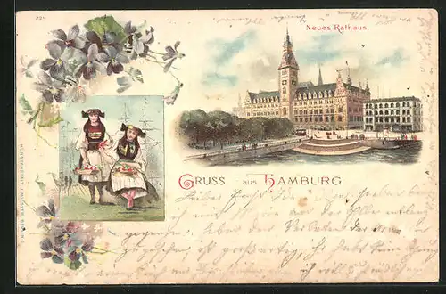 Lithographie Hamburg, Neues Rathaus, Vierländerinnen in Tracht