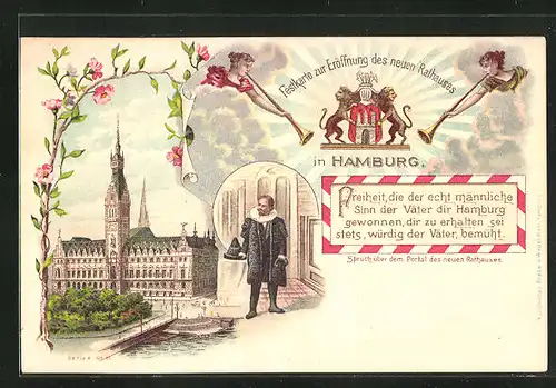 Lithographie Hamburg, Eröffnung des neuen Rathauses, Spruch über dem Portal