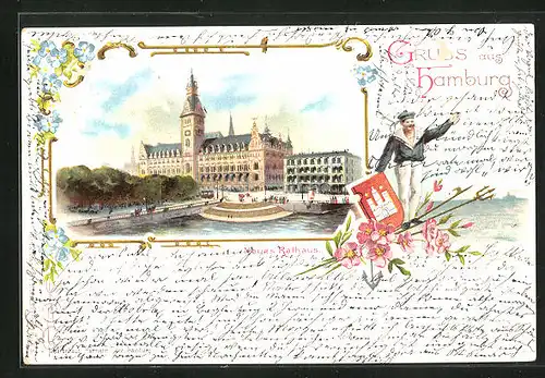 Lithographie Hamburg, Neues Rathaus, Stadtwappen