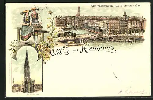 Lithographie Hamburg, Reesendammsbrücke und Alsterarkaden, Nicolaikirche