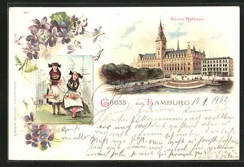 Lithographie Hamburg, Neues Rathaus, Vierländerinnen in Tracht