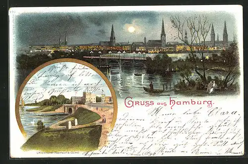 Lithographie Hamburg, Lombardsbrücke und Innenstadt bei Nacht, Feenteichbrücke