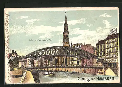 Lithographie Hamburg, Kornhausbrücke über den Zollcanal