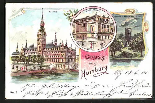 Lithographie Hamburg, Stadt-Theater, Rathaus, Zoologischer Garten bei Nacht