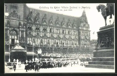 AK Hamburg, Enthüllung des Kaiser Denkmals, 20. Juni 1903, Kaiser Wilhelm mit Gefolge begutachtet das Denkmal