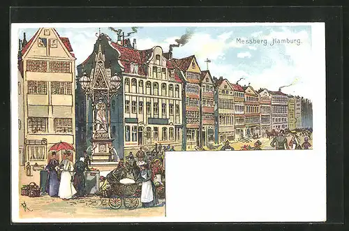 Lithographie Hamburg, Messberg, Markttreiben