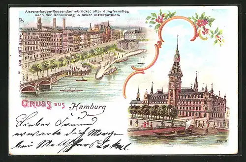 Lithographie Hamburg, Alsterarkaden, Reesendammbrücke, alter Jungfernstieg, neuer Alsterpavillon