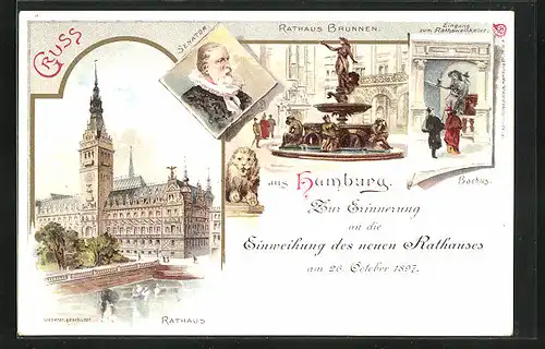 Lithographie Hamburg, Erinng. an die Einweihung des neuen Rathauses 1897, Rathaus, Brunnen, Eingang zum Rathsweinkeller