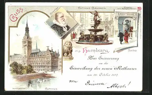 Lithographie Hamburg, Erinng. an die Einweihung des neuen Rathauses 1897, Rathaus, Brunnen, Eingang zum Rathsweinkeller