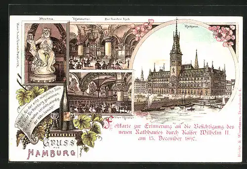 Lithographie Hamburg, Erinng. a. d. Besichtigung des neuen Rathauses d. Kaiser Wilhelm II., Ratskeller, Rathaus, Bacchus