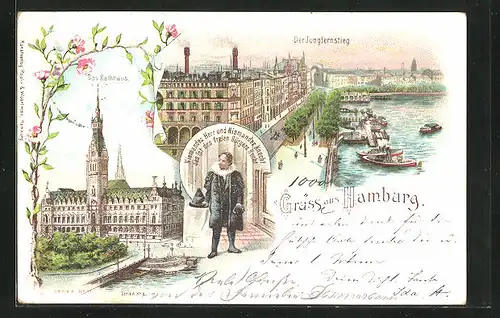 Lithographie Hamburg, Rathaus, Jungfernstieg & Beamter