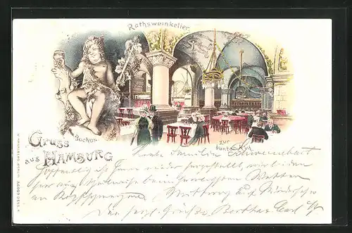 Lithographie Hamburg, Rathsweinkeller, Innenansicht zur bunten Kuh, Bacchusstatue