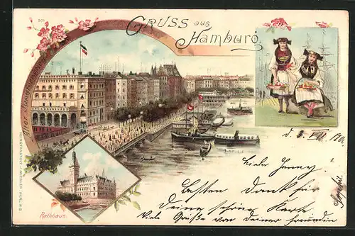 Lithographie Hamburg, Partie am Jungferstieg, Rathaus & Frauen in Trachten