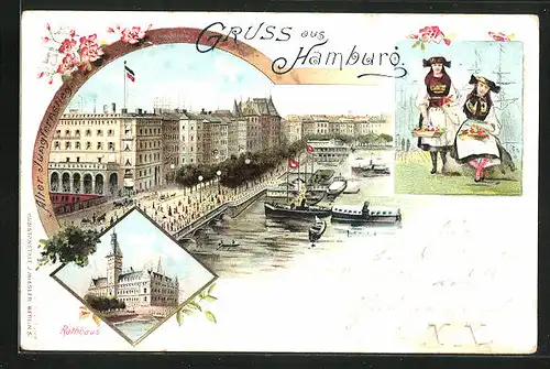 Lithographie Hamburg, Frauen in Trachten, am Jungfernstieg & Rathaus