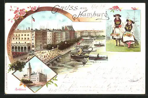 Lithographie Hamburg, Rathaus, Blick auf den Jungfernstieg, Frauen in Trachten