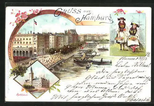 Lithographie Hamburg, Rathaus, Blick auf den Jungfernstieg, Frauen in Trachten