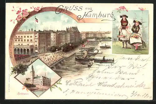 Lithographie Hamburg, Rathaus, Partie am Jungfernstieg, Frauen in Trachten