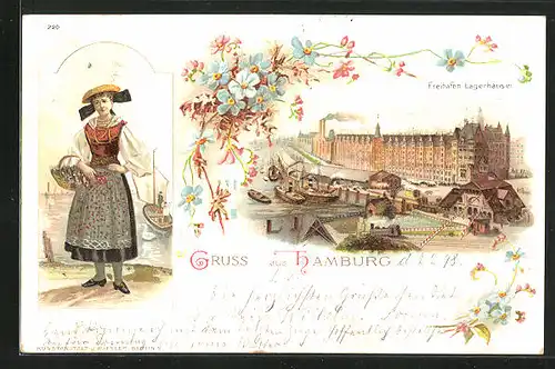 Lithographie Hamburg, Lagerhäuser im Freihafen & Frau in Tracht mit Blumenkorb