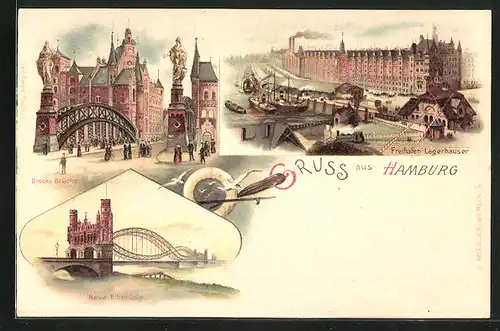 Lithographie Hamburg, Brooks Brücke, Neue Elbbrücke & Lagerhäuser im Freihafen