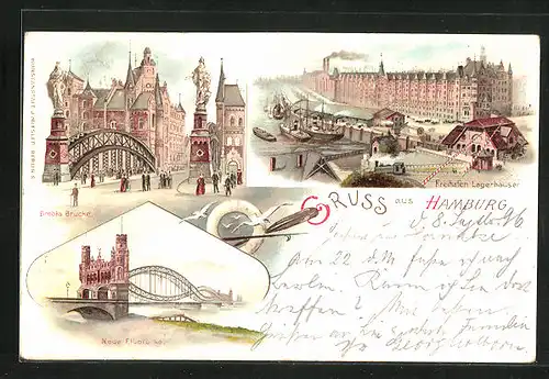 Lithographie Hamburg, Brooks Brücke, Neue Elbbrücke & Lagerhäuser im Freihafen