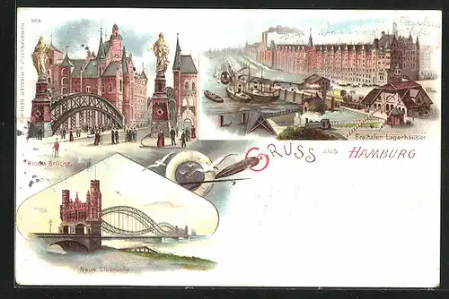 Lithographie Hamburg, Brooks Brücke, Neue Elbbrücke & Lagerhäuser im Freihafen