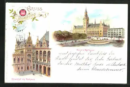 Lithographie Hamburg, Neues Rathaus & Ehrenhof im Rathaus