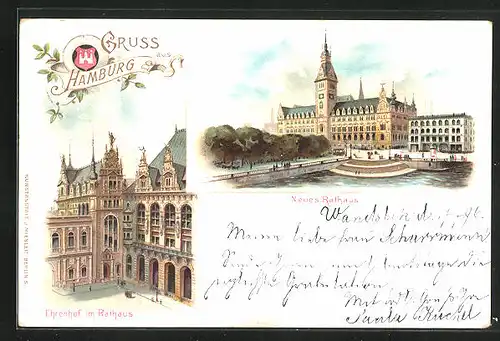 Lithographie Hamburg, Neues Rathaus & Ehrenhof im Rathaus