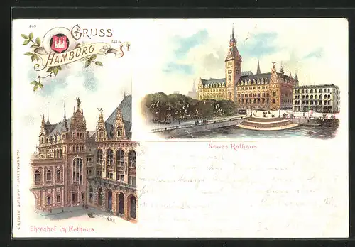 Lithographie Hamburg, Neues Rathaus & Ehrenhof im Rathaus