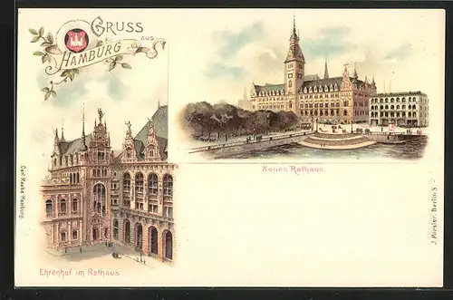 Lithographie Hamburg, Neues Rathaus & Ehrenhof im Rathaus