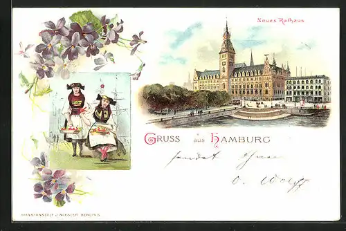 Lithographie Hamburg, Blick auf das neue Rathaus, Frauen in Trachten