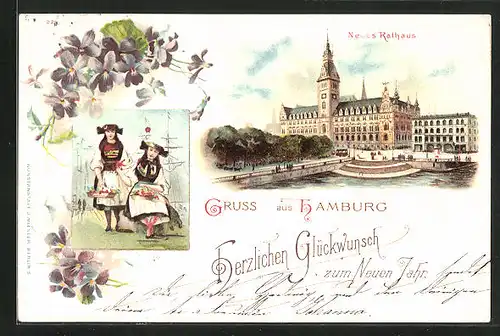 Lithographie Hamburg, Blick auf das neue Rathaus, Frauen in Trachten