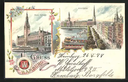Lithographie Hamburg, Neues Rathaus und Alsterdamm