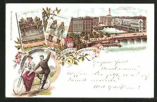 Lithographie Hamburg, Alsterarkaden u. Reesendammbrücke, Helgoländer, Kriegerdenkmal & Radfahrer auf Tandem