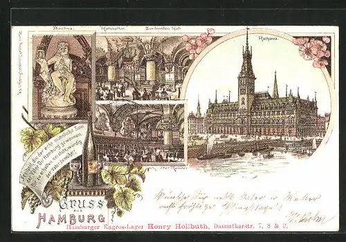 Lithographie Hamburg, Rathaus, Ratskeller Zur bunten Kuh, Bacchus & Remter