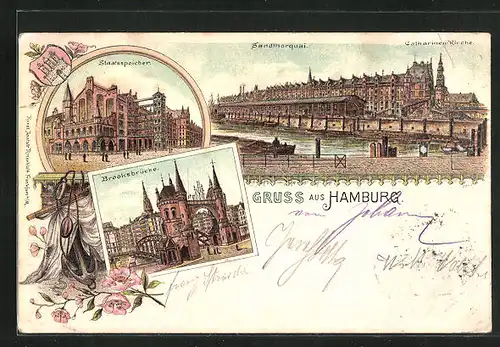 Lithographie Hamburg, Sandthorquai mit Catharinenkirche, Staatsspeicher & Brooksbrücke