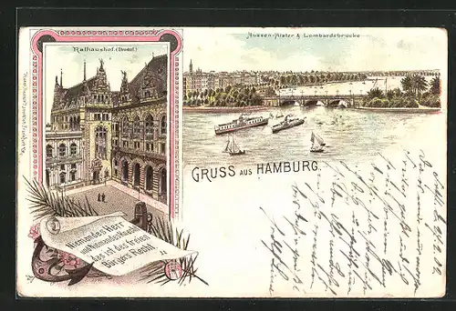 Lithographie Hamburg, Rathaushof & Aussenalster mit Lombardsbrücke
