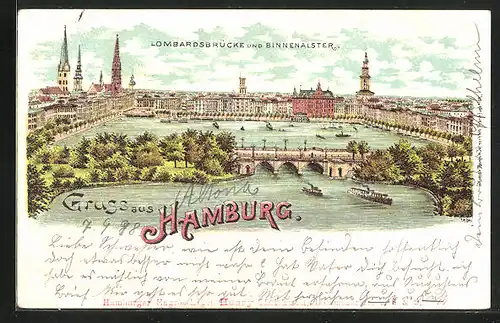 Lithographie Hamburg, Lombardsbrücke und Binnenalster