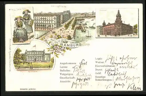 Lithographie Hamburg, Hauptpost, Frauen in Trachten, Alter Jungfernstieg und Kunsthalle