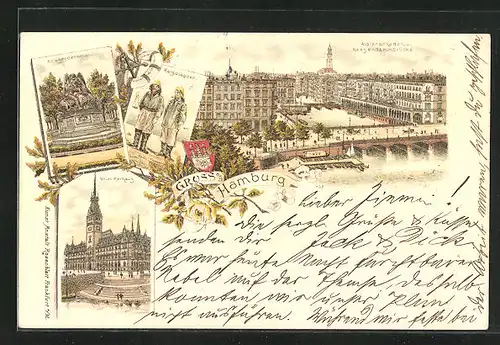 Lithographie Hamburg, Alsterarkaden & Reesendammbrücke, Neues Rathaus, Kriegerdenkmal & Helgoländer