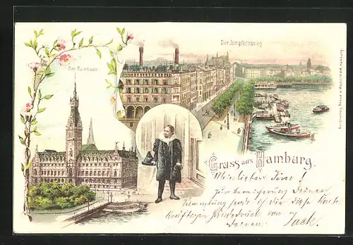 Lithographie Hamburg, Jungfernstieg, Stadtbeamter & neues Rathaus