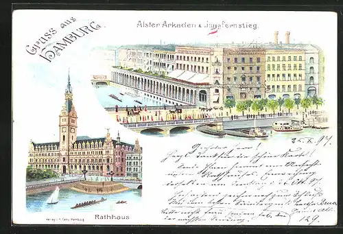 Lithographie Hamburg, Rathaus, Alsterarkaden & Jungfernstieg