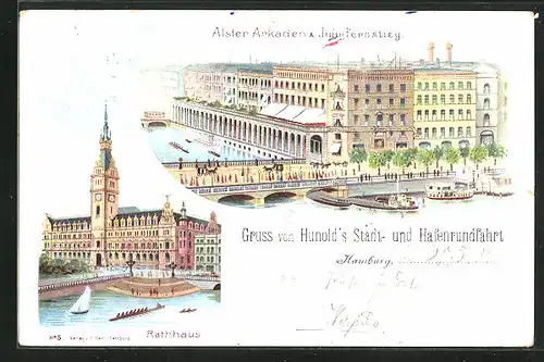 Lithographie Hamburg, Alsterarkaden & Jungfernstieg, Blick zum Rathaus