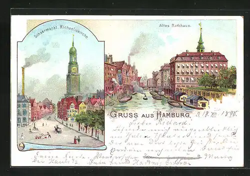 Lithographie Hamburg, Altes Rathaus & Schaarmarkt mit Michaeliskirche