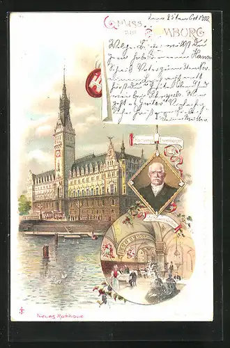 Lithographie Hamburg, Neues Rathaus, Blick in den Rathsweinkeller, Porträt Hamburgs Ehrenbürger