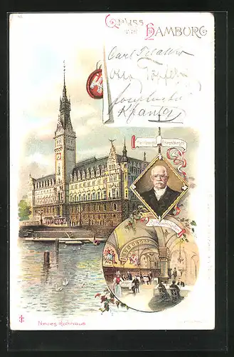 Lithographie Hamburg, Neues Rathaus, Blick in den Rathsweinkeller, Porträt Hamburgs Ehrenbürger