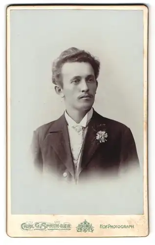 Fotografie Carl G. Springer, Reichenberg, Altstädter Platz 12, Portrait Bursche mit Ansteckblume im Anzug