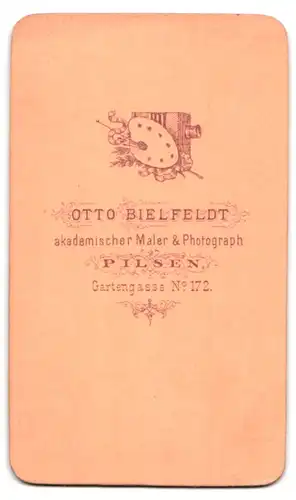 Fotografie Otto Bielfeldt, Pilsen, Gartengasse 172, Portrait Dame mit geflochtenem Haar & Schleife