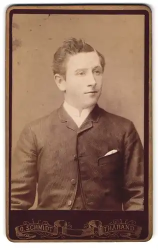 Fotografie O. Schmidt, Tharand, Portrait Bursche im Anzug mit Einstecktuch